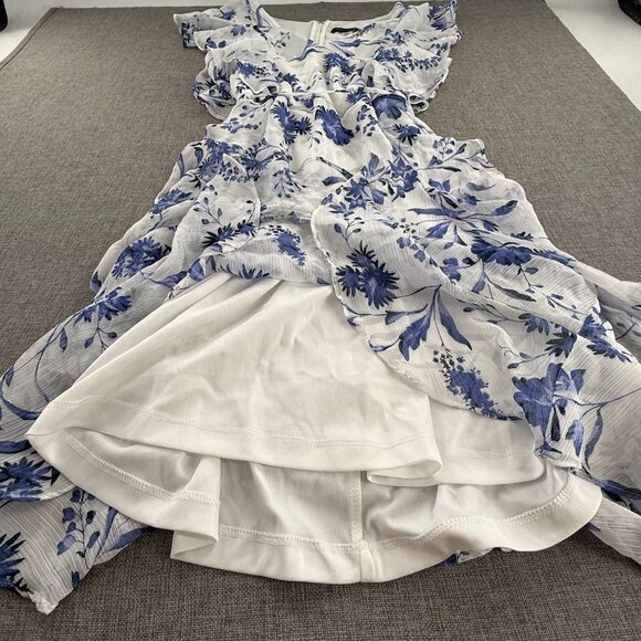 Tommy Hilfiger Ruffled Dress White & Blue V-Neck Tie Belt Lined Size 6 cap sleev - Picture 4 of 14